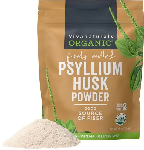 Viva Naturals Organic Psyllium Husk Powder 10 oz - Finely Ground Unflavored Plant Based Superfood - Good Source of Fiber for Gluten-Free Baking Juices & Smoothies - Certified Vegan Keto and Paleo
