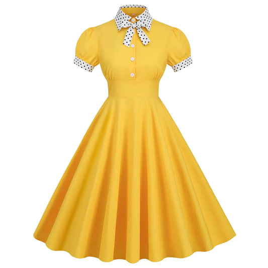 Kontrastierendes Peter-Pan-Kragenkleid für Damen, Fliege, Puppenkragenkleid, kurze Puffärmel, 1950er-Jahre-Retro-Vintage-Cocktailparty-Swing-Kleid, 50er-Jahre-gepunktetes Rockabilly-Kleid, 1960er-Jahre-Kleid, Gelb-Schleife XL