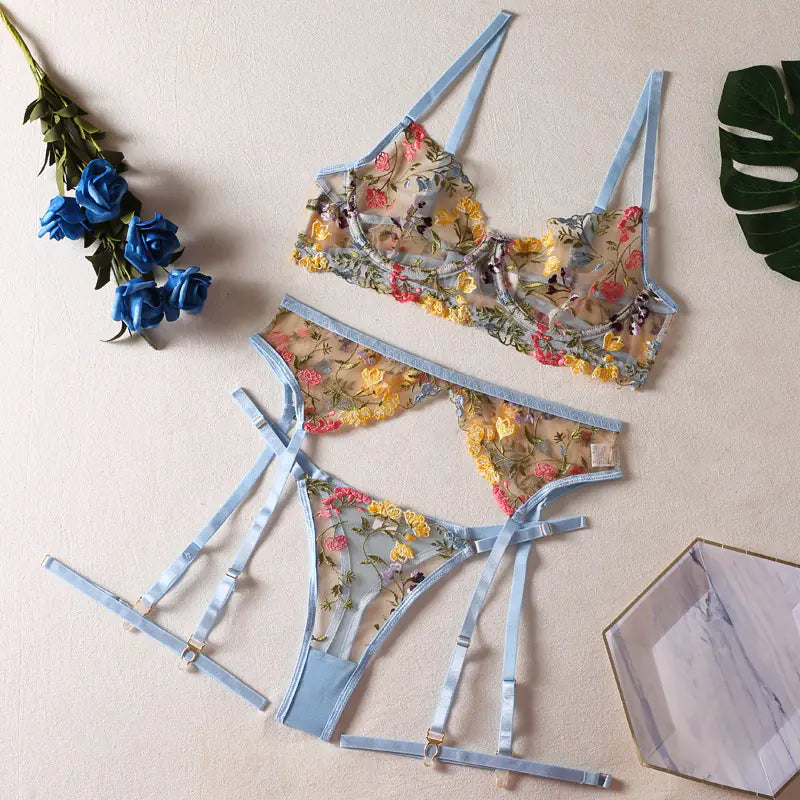Floral Embroidered 3-Piece Set - Erotic Costume