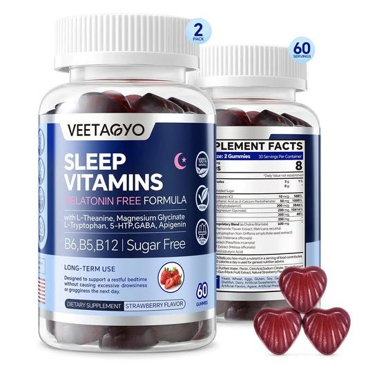 VEETAGYO Melatonin Free 5-HTP GABA Sleep Supplement Gummies for Adults & Kids 12+ with L-Theanine Magnesium Glycinate L-Tryptophan Apigenin - Sugar Free Strawberry Flavor Vegan 120 Count